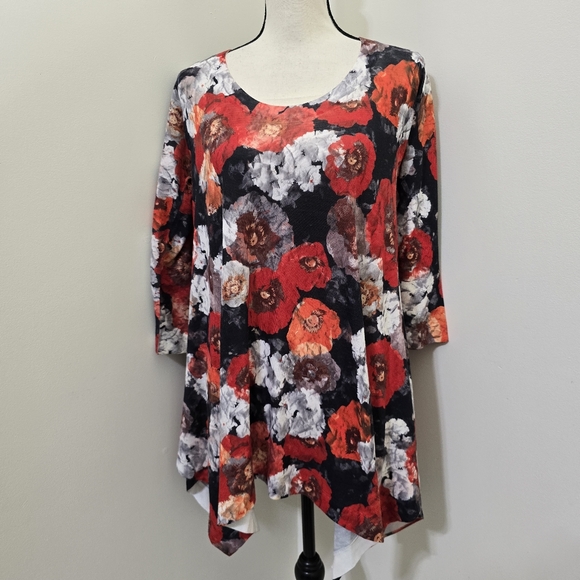 NALLY & MILLIE size Medium A‎ Line Assymetric Abstract Floral 3/4 Sleeve Tunic - Picture 1 of 16